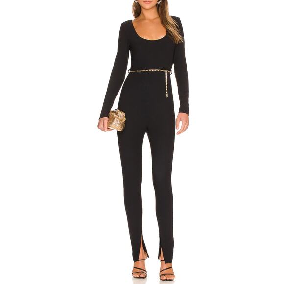MISHA Black Bodycon Catsuit MEDIUM Designer Split Hem Jumpsuit Cocktail $379 NEW - Picture 1 of 8